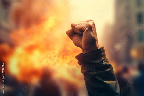 Raised fists in crowd of rioting people with fire in background