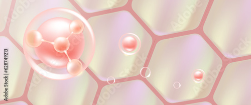 Hyaluronic acid hair and skin solutions ad, pink collagen serum drop into skin cells with cosmetic advertising background ready to use, illustration vector.