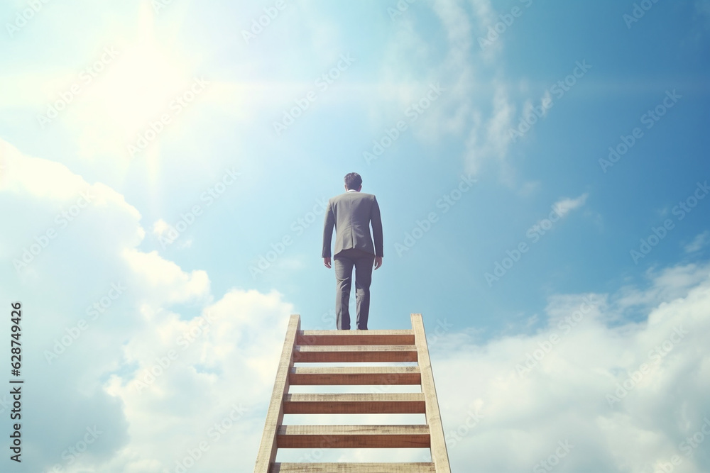Businessman on ladder celebrating success on beautiful landscape and sky background. Leadership and success concept, generative ai. - obrazy, fototapety, plakaty 
