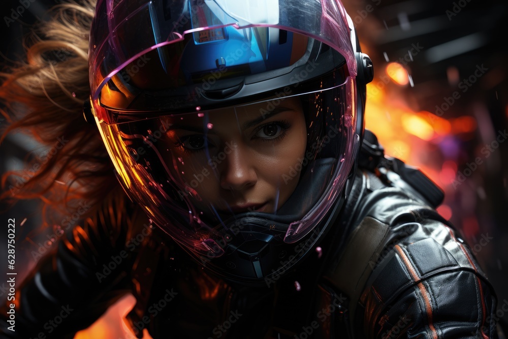 Woman riding on motorcycle at night with motion blur effect in the background. Generative AI Woman riding on motorcycle at night with motion blur effect in the background. Generative AI