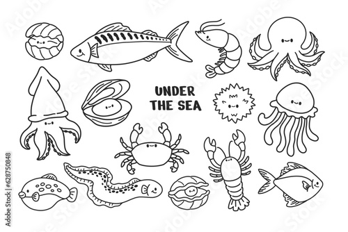 Set of marine life outline art illustration for coloring. Under the sea concept. Doodle cartoon style vector isolated on white background.