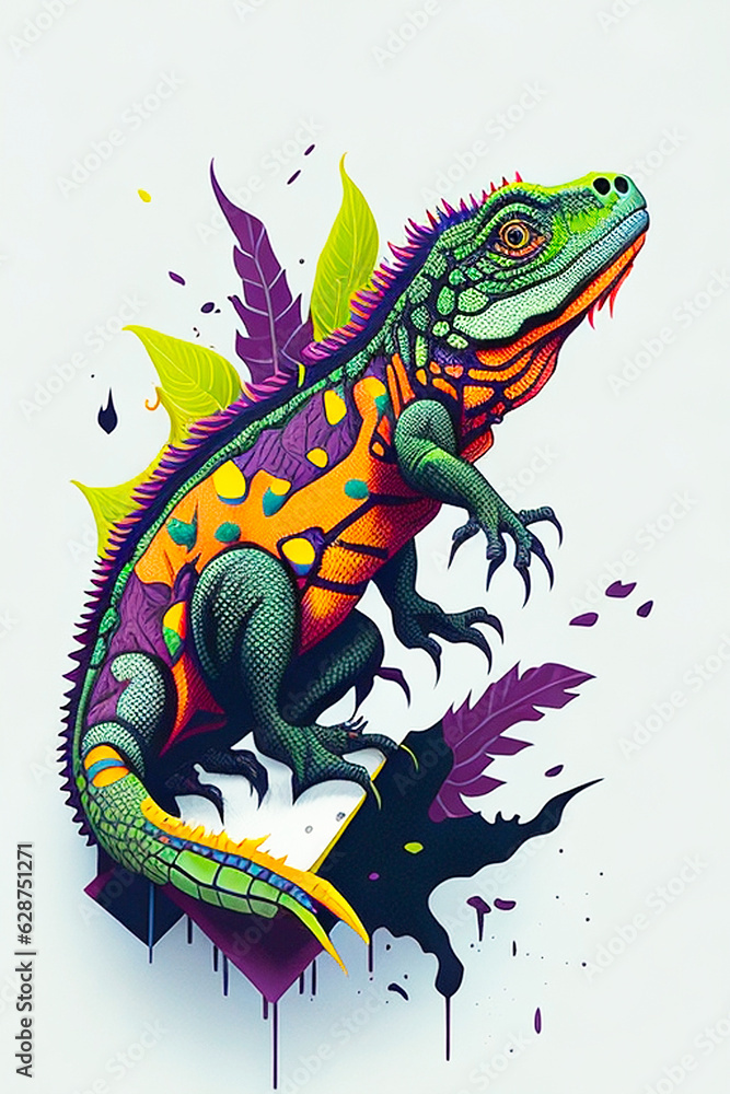 A detailed illustration of an iguana reptile with dark gothic, leaf, and flower for a t-shirt design A detailed illustration of an iguana reptile with dark gothic, leaf, and flower for a t-shirt design