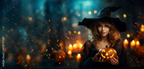 Beautiful girl holding pumpkin celebrating Happy Halloween, copy space text, generative AI