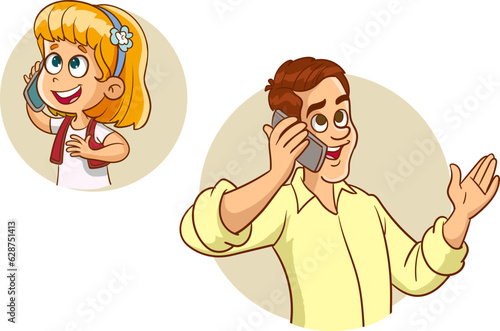 vector illustrations of kids and father talking on the phone