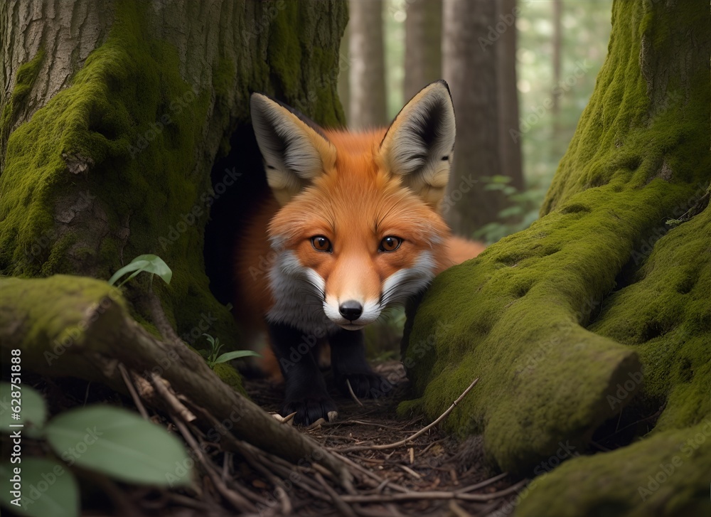 Fototapeta premium a little fox hiding in the woods Generative AI