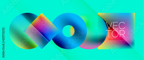 Squares and circles design. Fluid color gradients with metallic effects. Serene synergy of shapes, merging squares and circles into harmonious, captivating design