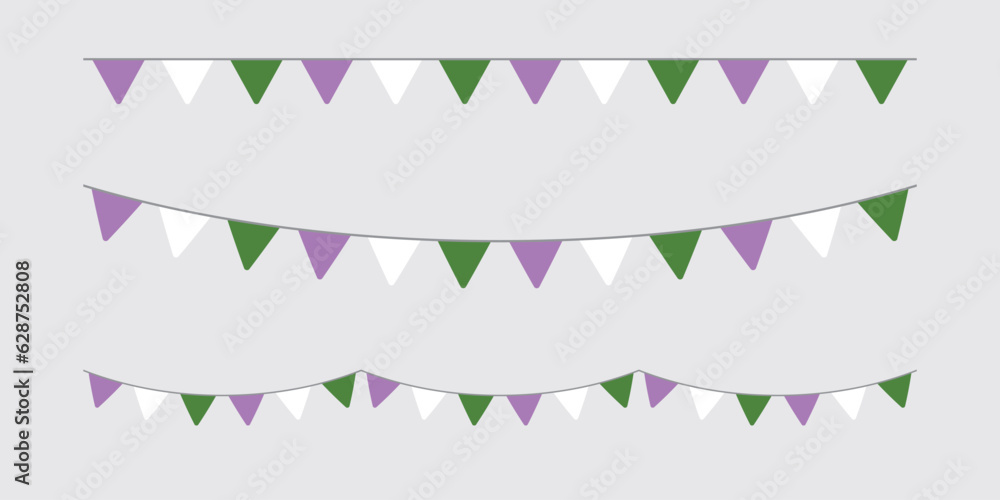 Purple, white, and green colored party bunting, as the colors of the genderqueer flag. LGBTQI concept. Flat design illustration. Purple, white, and green colored party bunting, as the colors of the genderqueer flag. LGBTQI concept. Flat design illustration.