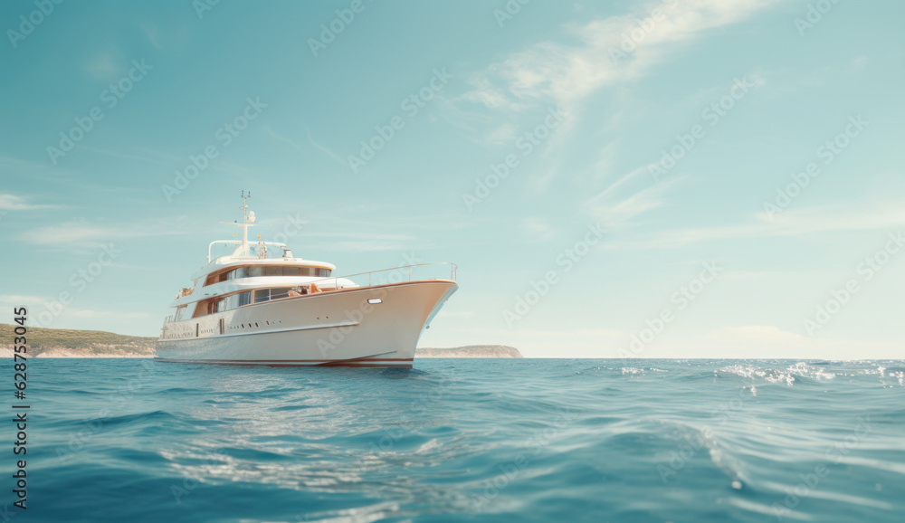 A luxurious yacht sailing on the sea against a blue sky. Perfect for yachting, outdoor recreation, and displaying wealth. Plenty of copy space. A luxurious yacht sailing on the sea against a blue sky. Perfect for yachting, outdoor recreation, and displaying wealth. Plenty of copy space.