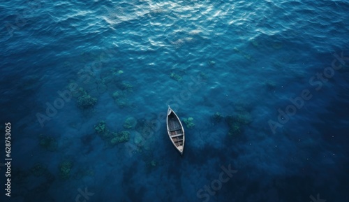Aerial view of an empty wooden boat on blue water, perfect for nautical tourism, vacation, and transportation concepts. Ample copy space