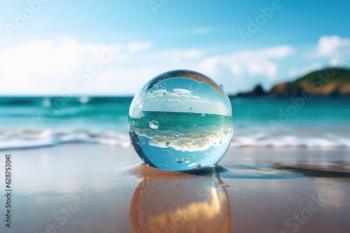 A sphere of seawater on a sandy beach, symbolizing purified water post-Fukushima. Represents safety, minimalism, and futuristic concepts amidst environmental concerns