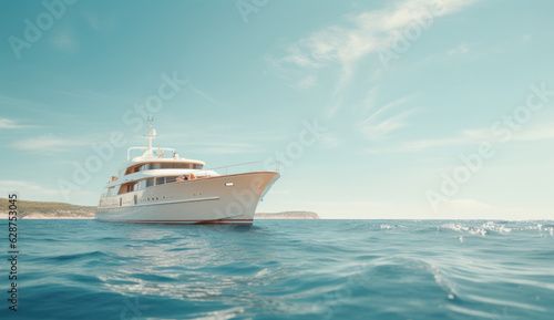 A luxurious yacht sailing on the sea against a blue sky. Perfect for yachting, outdoor recreation, and displaying wealth. Plenty of copy space.