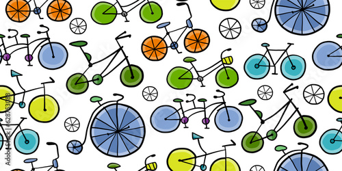 Bicycle time. Types of bicycles, tools and spare parts. Seamless pattern background for your design