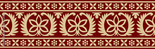 Vector seamless gold and red Indian national ornament. Ethnic endless plant border. Flowers frame. Poppies and leaves..