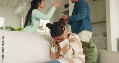 Girl on a couch, parents and fighting with divorce, home and screaming with conflict, cover ears and stress. Argument, kid on a sofa and mother with father, problems and youth anxiety with depression