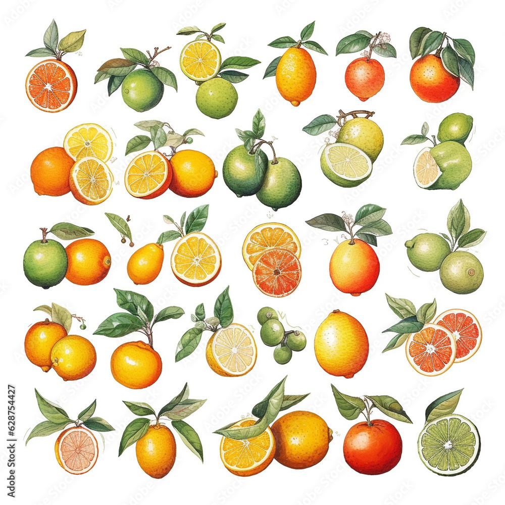 Lemon orange mandarin tangerine with leaves hand drawn watercolor on white background. generative ai. Lemon orange mandarin tangerine with leaves hand drawn watercolor on white background. generative ai.