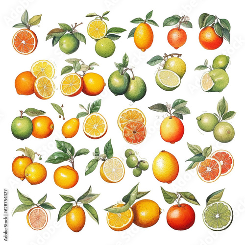 Lemon orange mandarin tangerine with leaves hand drawn watercolor on white background. generative ai.