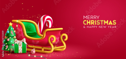 Merry christmas text vector design. Christmas greeting card with santa claus sleigh, pine tree and gift for xmas decoration elements. Vector illustration holiday season card background.
