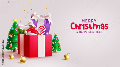 Christmas gifts vector design. Merry christmas and happy new year greeting text with gift boxes and pine tree ornaments decoration. Vector illustration for seasonal greeting card background.
