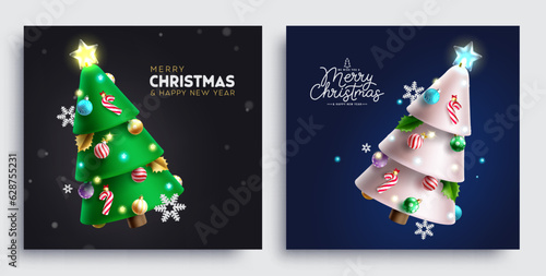 Merry christmas greeting text vector set design. Christmas and new year holiday season card with pine tree elements decoration. Vector illustration greeting card lay out collection.

