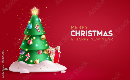 Christmas pine tree vector design. Merry christmas and happy new year text with pine tree and xmas lights decoration elements. Vector illustration for seasonal greeting card background.
