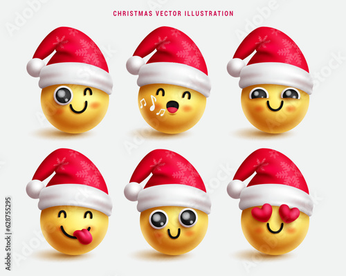 Christmas emojis characters vector set design. Christmas emoji emoticons wearing santa hat elements in happy, smiling, inlove, singing and winking cute facial expression. Vector illustration yellow 
