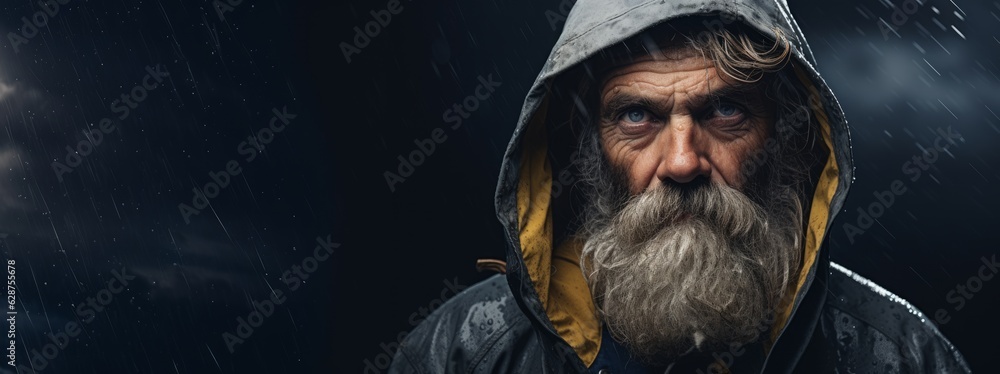 An old fisherman in a raincoat stands during a thunderstorm with copy space. Generative AI