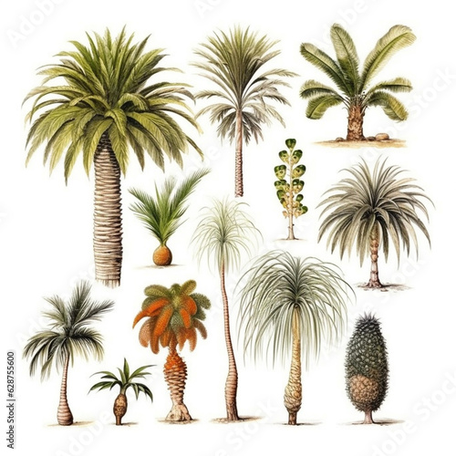 Many style of palm tree lsolated with white background. Generative ai.
