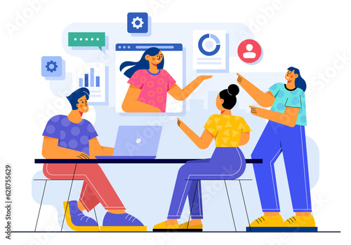 Casual cartoon business people having an online business meeting, Video conference, Work from home flat illustration vector concept, Distant business communication, Webinar © Whiskerz
