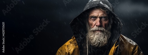 An old fisherman in a raincoat stands during a thunderstorm with copy space. Generative AI