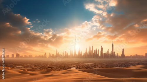 photograph of Desert dubai city background united arab emirates beautiful sky in the morning sunrise. Generative Ai wide angle lens realistic morning light.generative ai