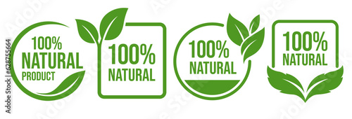 Set 100% Natural and organic Product Vector Icon Circle Sign. Healthy Food Emblem. Organic food Badge.	