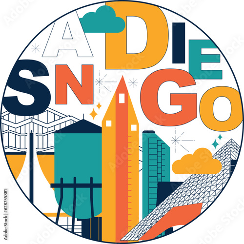 Typography word "San Diego" branding technology concept. Collection of flat vector web icons, culture travel set, famous architectures, specialties detailed silhouette. American famous landmark.