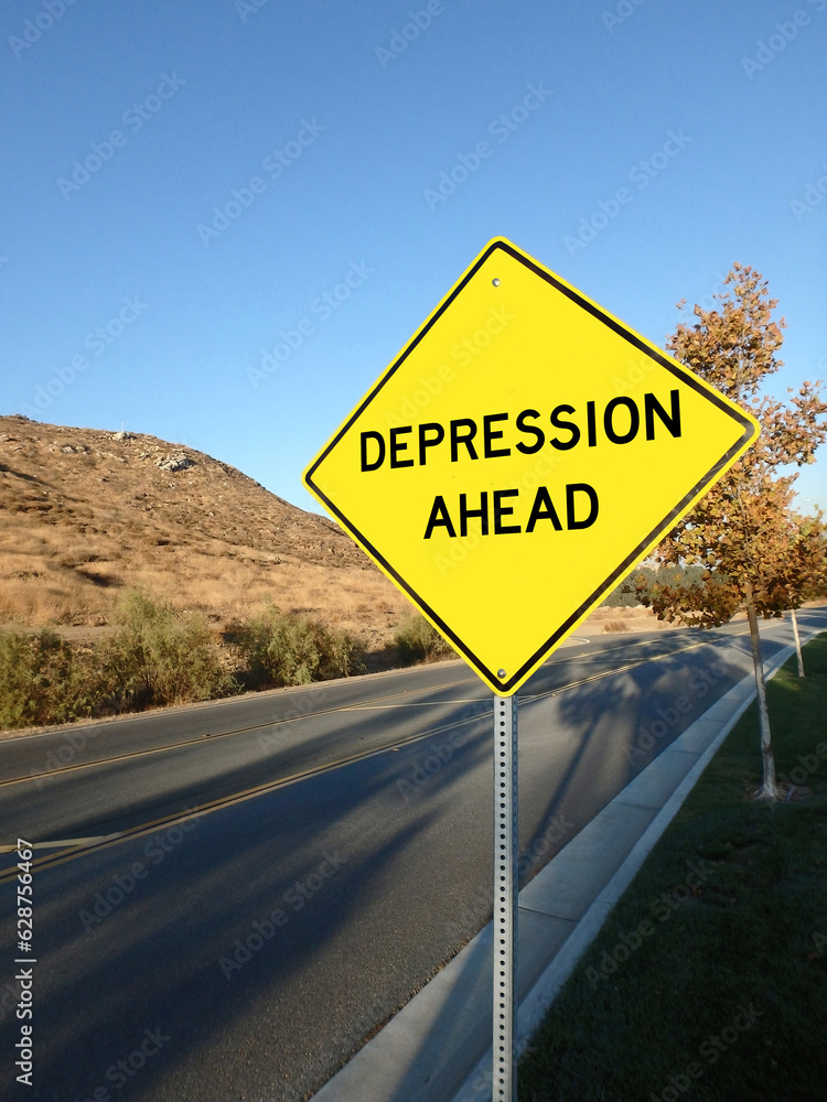 Yellow roadside warning sign reading depression ahead.