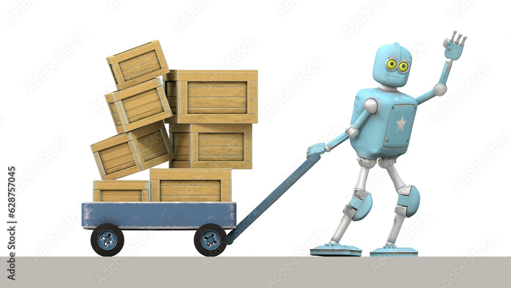 Retro robot moving cart with boxes, 3D video render cartoon style, on orange background, alpha channel Retro robot moving cart with boxes, 3D video render cartoon style, on orange background, alpha channel