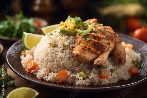 A plate of chicken breast with rice and vegetables