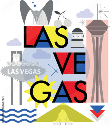 Typography word "Las Vegas" branding technology concept. Collection of flat vector web icons, culture travel set, famous architectures, specialties detailed silhouette. American famous landmark.