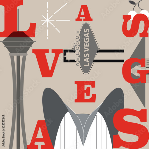 Typography word "Las Vegas" branding technology concept. Collection of flat vector web icons, culture travel set, famous architectures, specialties detailed silhouette. American famous landmark.