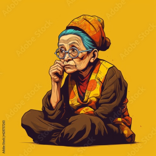 Asian old woman in thinking and doubts pop art illustration. Female character with dreamy face on abstract background. Ai generated bright retro poster.