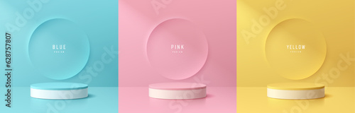Set of 3d background yellow, blue, pink and white cylinder podium with emboss round circle wall scene. Abstract composition in minimal design. Platforms cosmetic product presentation. Stage showcase.