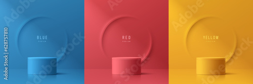 Set of 3D background with yellow, blue and red realistic cylinder podium with circle ring on wall scene. Abstract composition in minimal design. Platforms cosmetic product presentation. Stage showcase