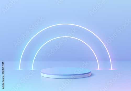 3D podium background with realistic blue hologram cylinder pedestal and semi circle glowing neon on wall scene. Abstract composition in minimal design. Platforms product presentation. Stage showcase.