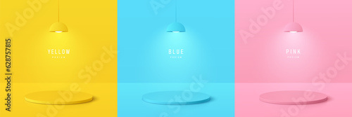 Set of 3d background yellow, blue and pink cylinder pedestal podium with neon hanging lamp wall scene. Abstract composition in minimal design. Platforms cosmetic product presentation. Stage showcase.