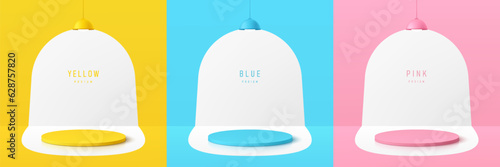 Set of 3d background yellow, blue and pink cylinder pedestal podium with white hanging lamp wall scene. Abstract composition in minimal design. Platforms cosmetic product presentation. Stage showcase.