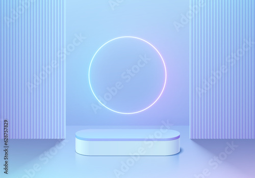 3D background with blue hologram round podium pedestal and circle glow neon, Vertical pattern wall scene. Abstract composition in minimal design. Platforms product display presentation. Stage showcase