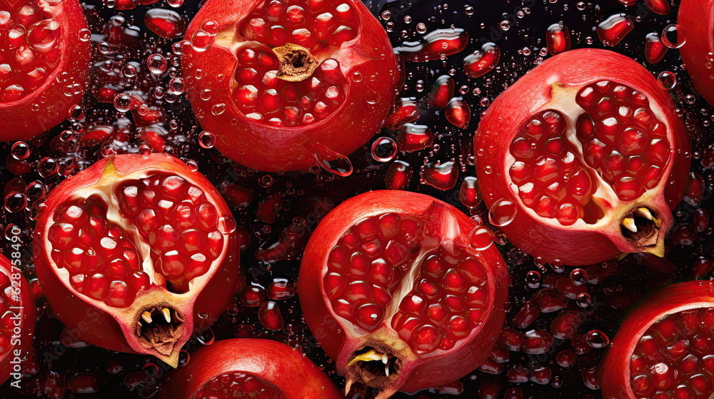 pomegranate on the water, fresh pomegranate seamless background, adorned with glistening droplets of water. Top down view.