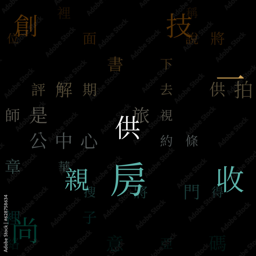 Abstract Background. Random Characters of Chinese Traditional Alphabet. Gradiented matrix pattern. Brown blue green color theme backgrounds. Tileable horizontally. Creative vector illustration.