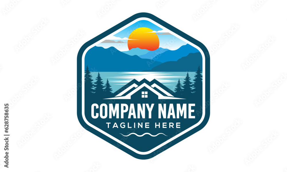 Mountain Lake Logo Lake House Logo house rental on the lake Vector illustration Mountain Lake Logo Lake House Logo house rental on the lake Vector illustration