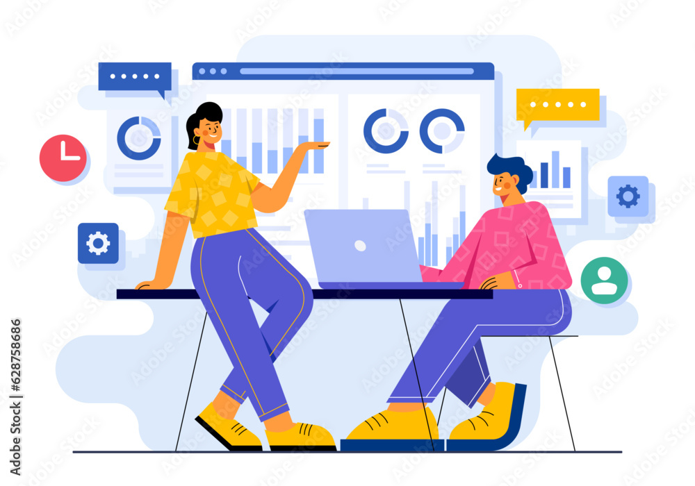 Businesspeople discussing the business plan, Business meeting, Project strategy, Business people working together, Teamwork, Brainstorming, Market analysis, Analytics flat vector illustration