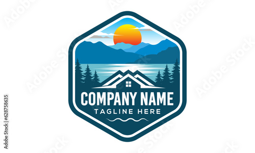 Mountain Lake Logo Lake House Logo house rental on the lake Vector illustration