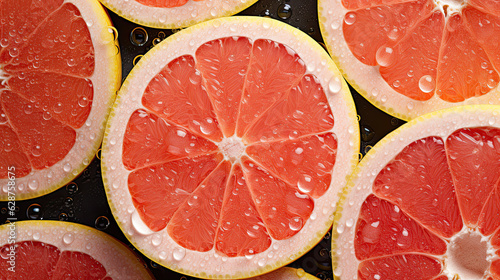 grapefruits on the water, fresh grapefruits seamless background, adorned with glistening droplets of water. Top down view.